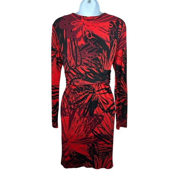 HUGO BOSS Red Black Print Knit Dress Sz Small Long-Sleeve Faux Wrap Knee Length - Picture 6 of 7